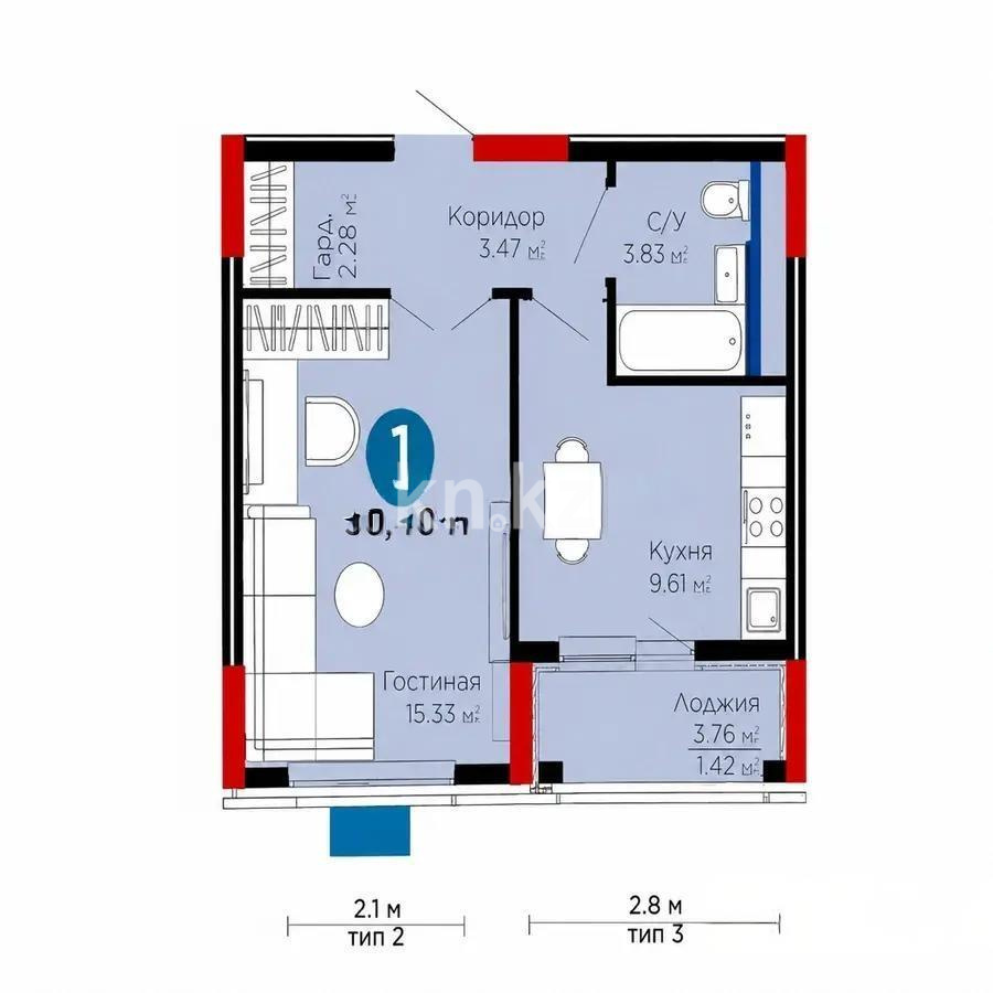 Продажа 1-комнатной квартиры, 36.4 м² в Астане