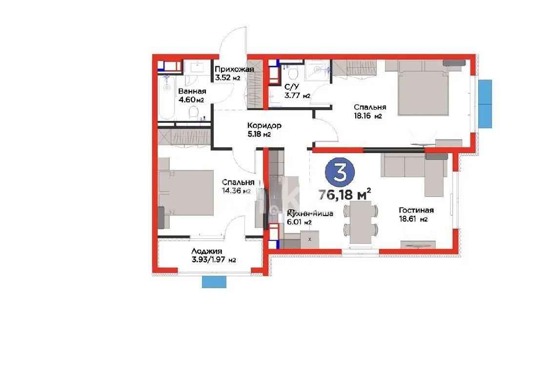 Продажа 3-комнатной квартиры, 76.16 м² в Алматы - фото 5