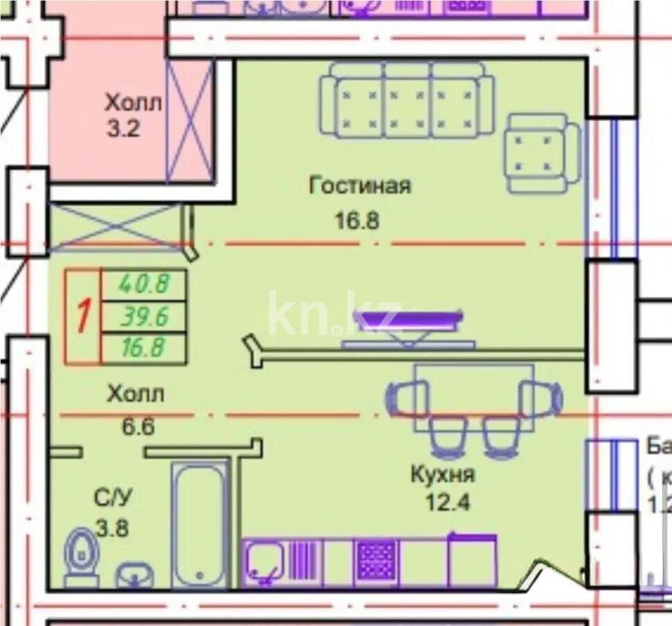 Продажа 1-комнатной квартиры, 40.8 м² в Астане