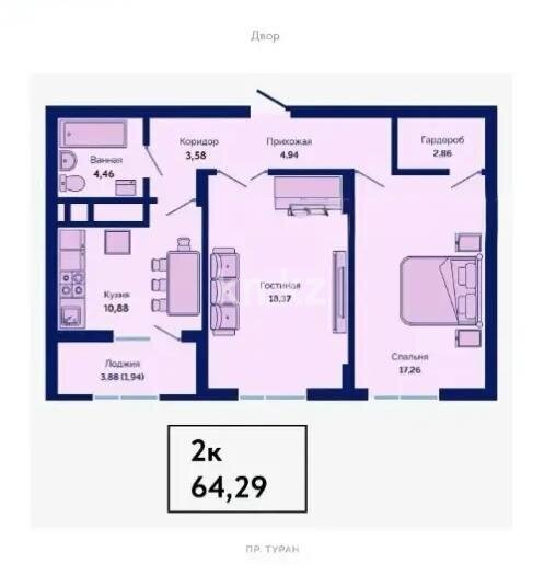 Продажа 2-комнатной квартиры, 64.29 м² в Астане - фото 3