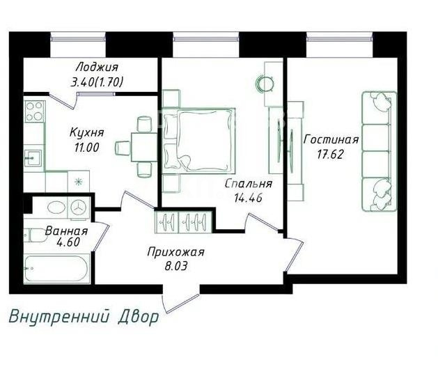 Продажа 2-комнатной квартиры, 57.41 м² в Астане
