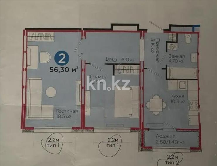 Продажа 2-комнатной квартиры, 56 м² в Астане