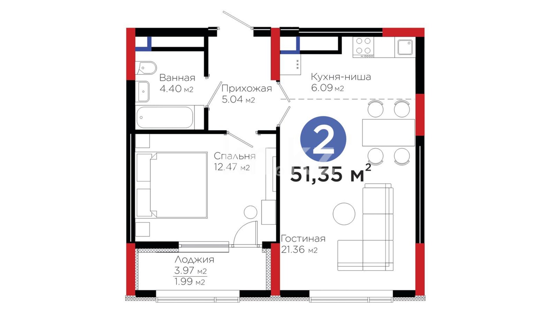ЖК Qasteev, 2-комнатная, цена 54 328 300 ₸, 1 058 000 ₸&nbsp;/&nbsp;м²