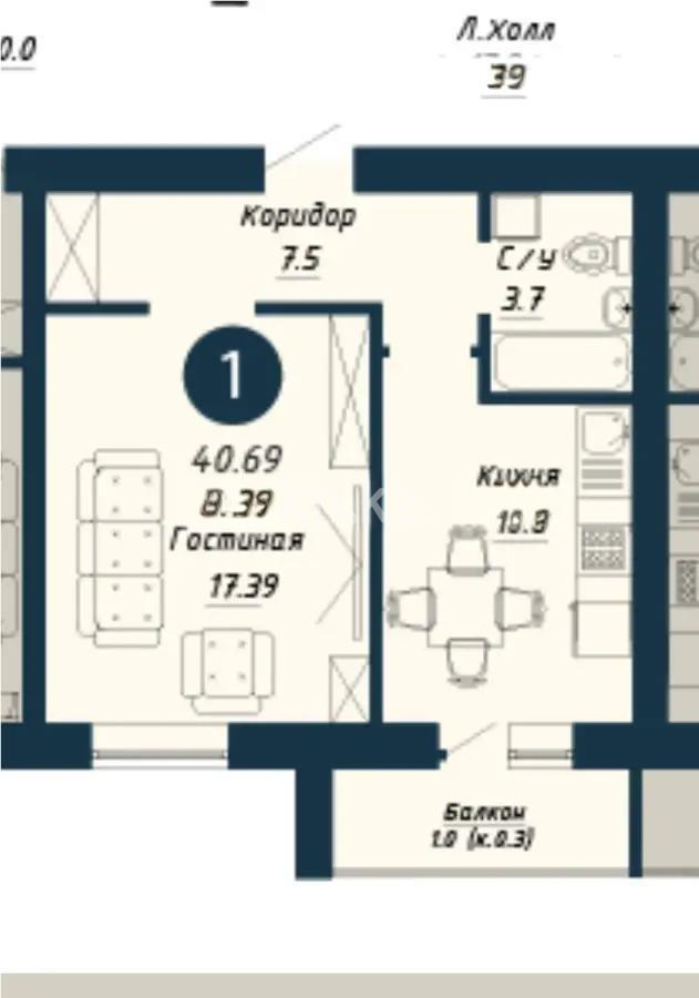 Продажа 1-комнатной квартиры, 40.69 м² в Астане