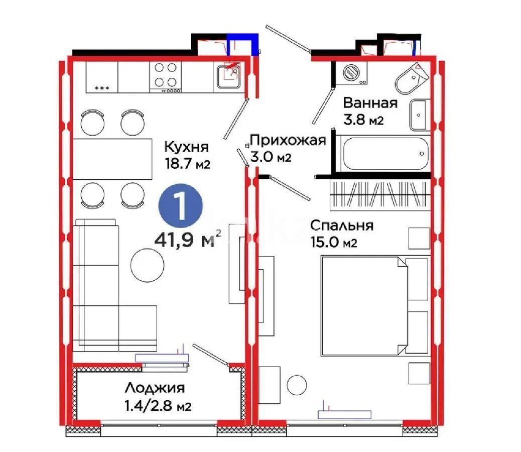 Продажа 2-комнатной квартиры, 41.9 м² в Астане
