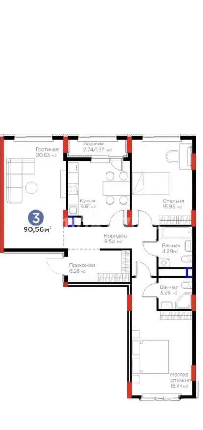 Продажа 3-комнатной квартиры, 90.56 м² в Астане