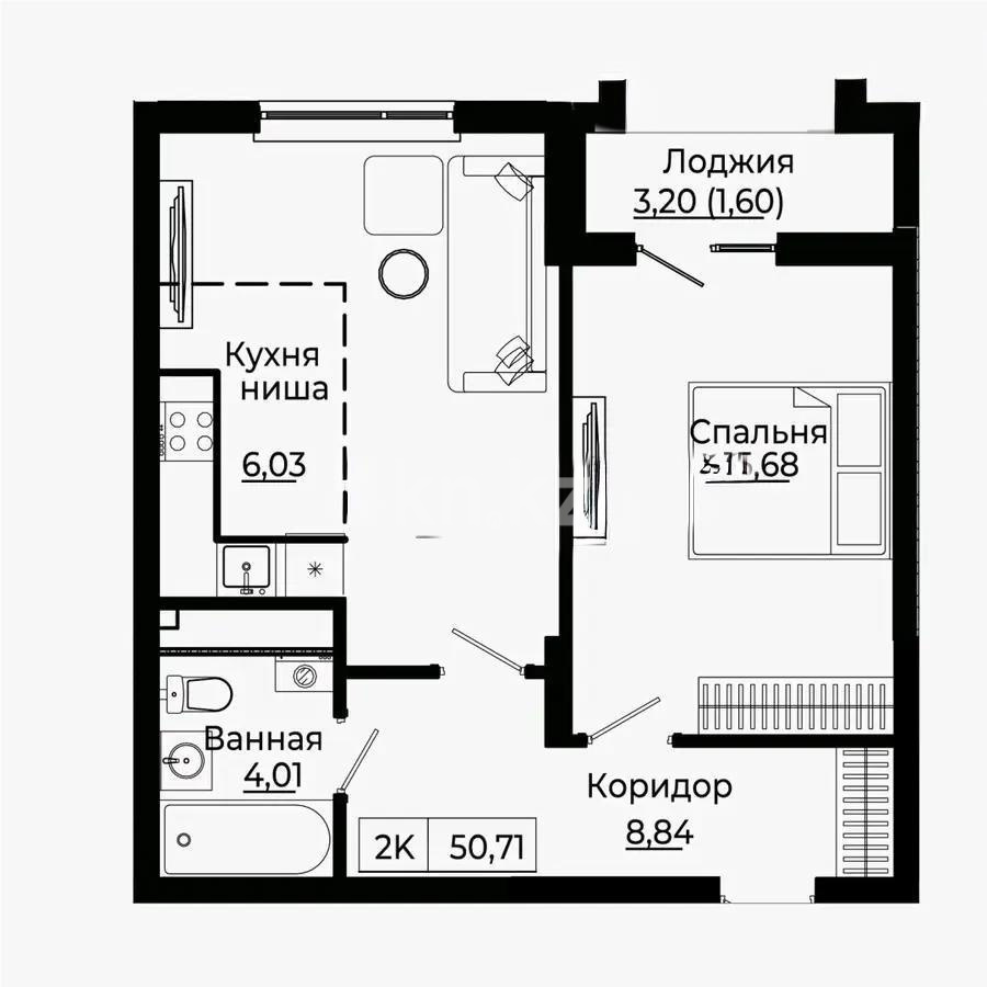 Продажа 2-комнатной квартиры, 50.71 м² в Астане