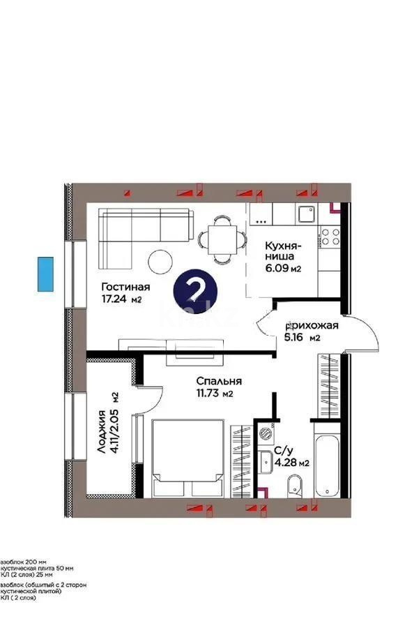 Продажа 2-комнатной квартиры, 46.56 м² в Астане