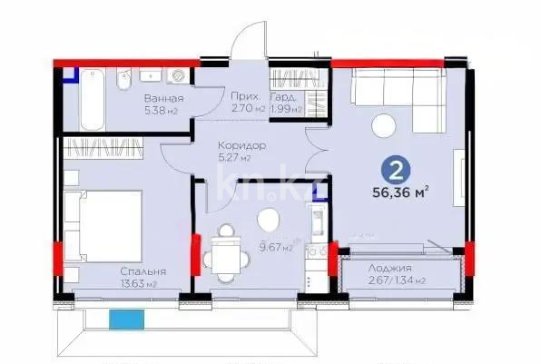 Продажа 2-комнатной квартиры, 56.36 м² в Астане