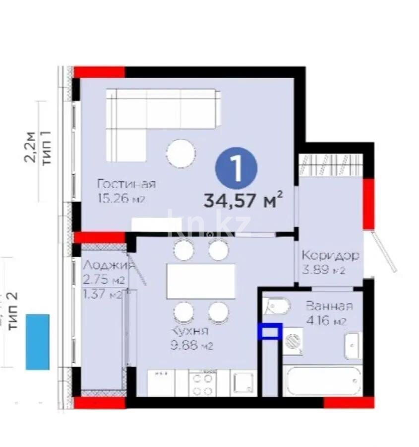 Продажа 2-комнатной квартиры, 35 м² в Астане