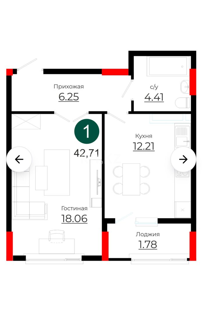 Продажа 1-комнатной квартиры, 42.71 м² в Астане - фото 7