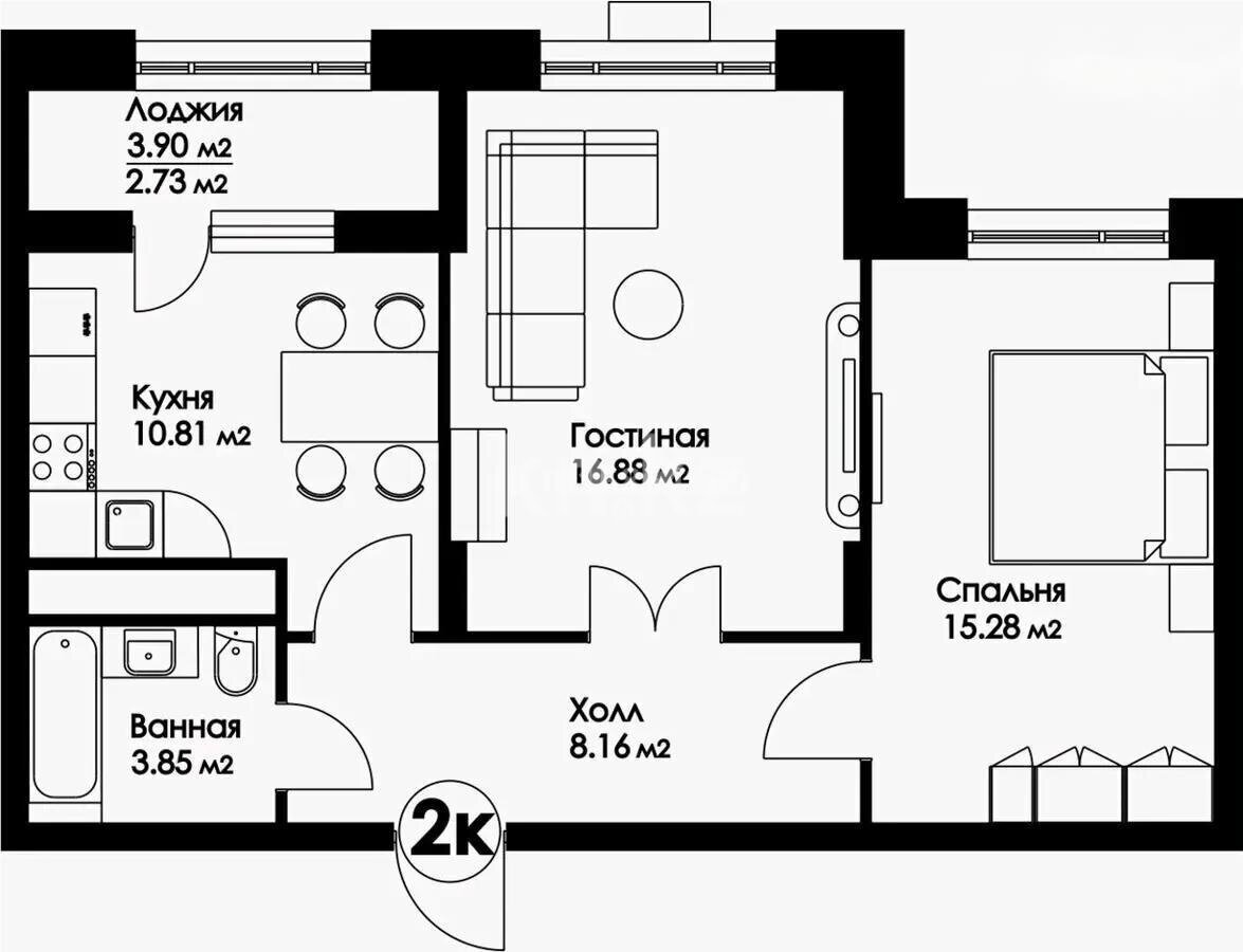 Продажа 2-комнатной квартиры, 57.71 м² в Астане