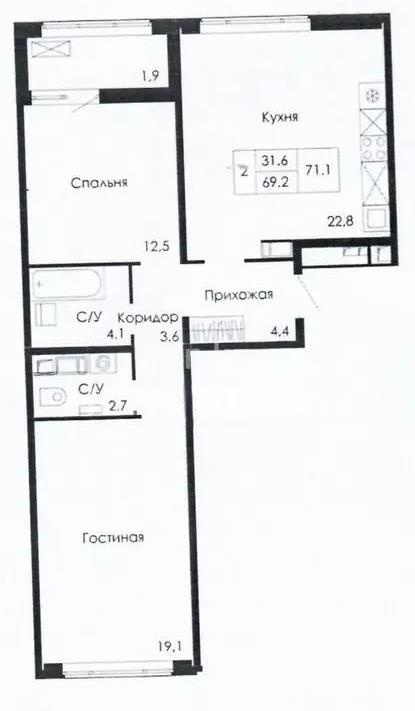 Продажа 2-комнатной квартиры, 71.1 м² в Астане