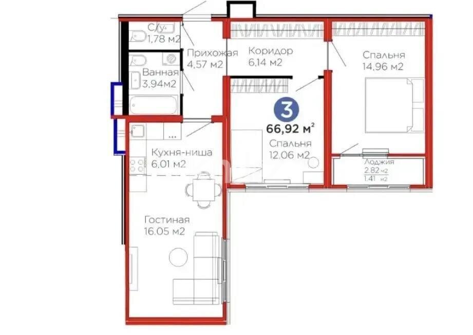 Продажа 3-комнатной квартиры, 66.9 м² в Астане