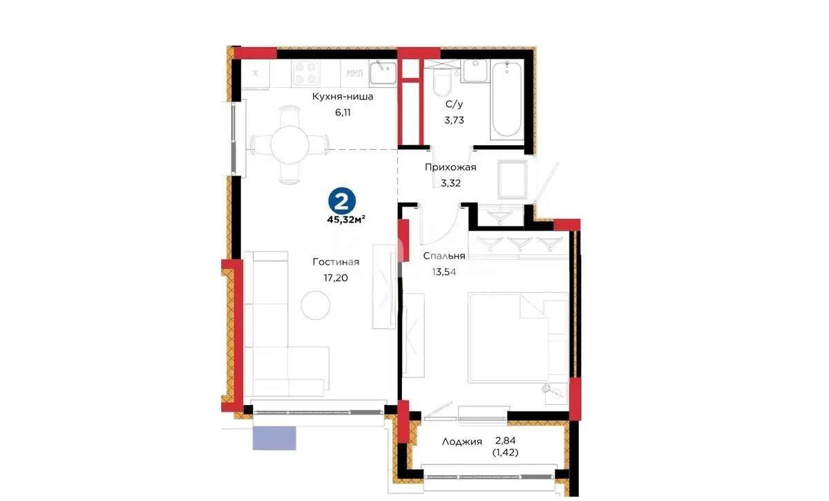 Продажа 2-комнатной квартиры, 46 м² в Астане