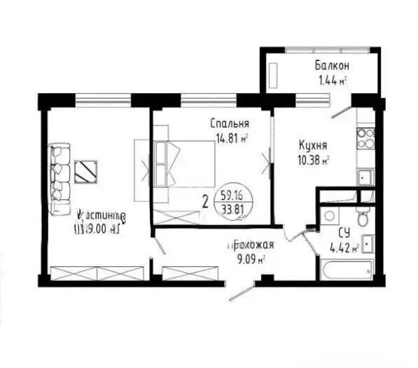 Продажа 2-комнатной квартиры, 60 м² в Астане
