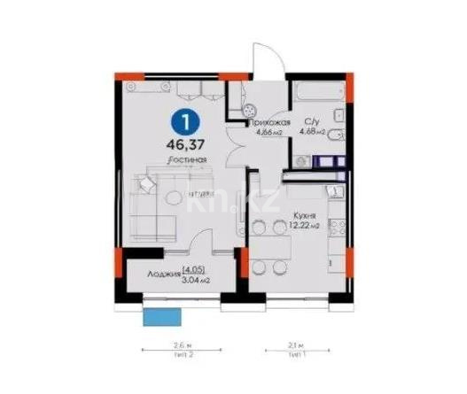 Продажа 1-комнатной квартиры, 44 м² в Астане