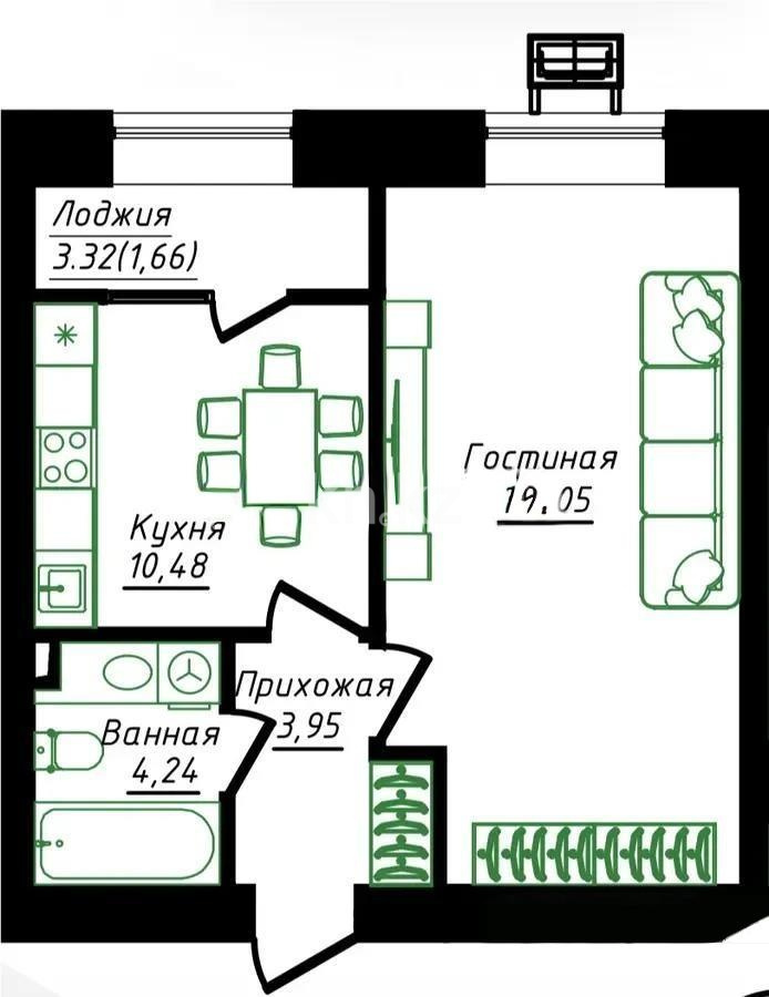 Продажа 2-комнатной квартиры, 43.38 м² в Астане