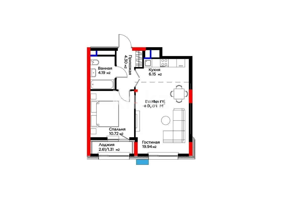 Продажа 2-комнатной квартиры, 46.61 м² в Астане