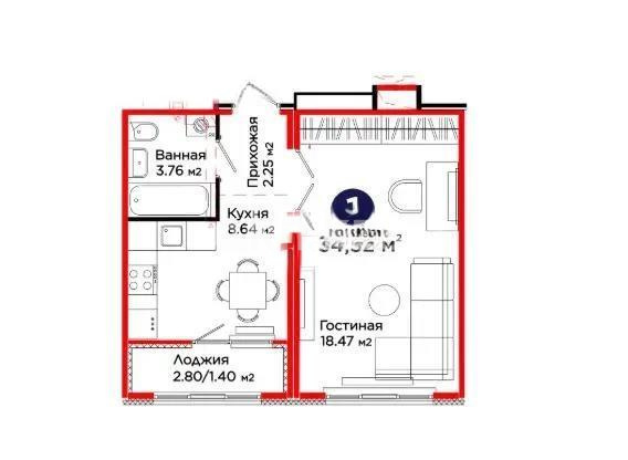 Продажа 1-комнатной квартиры, 34.5 м² в Астане