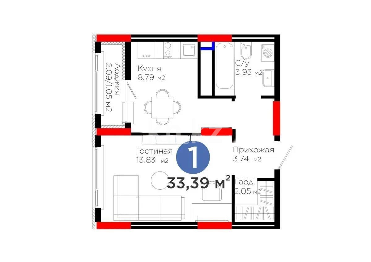 Продажа 1-комнатной квартиры, 33.32 м² в Астане