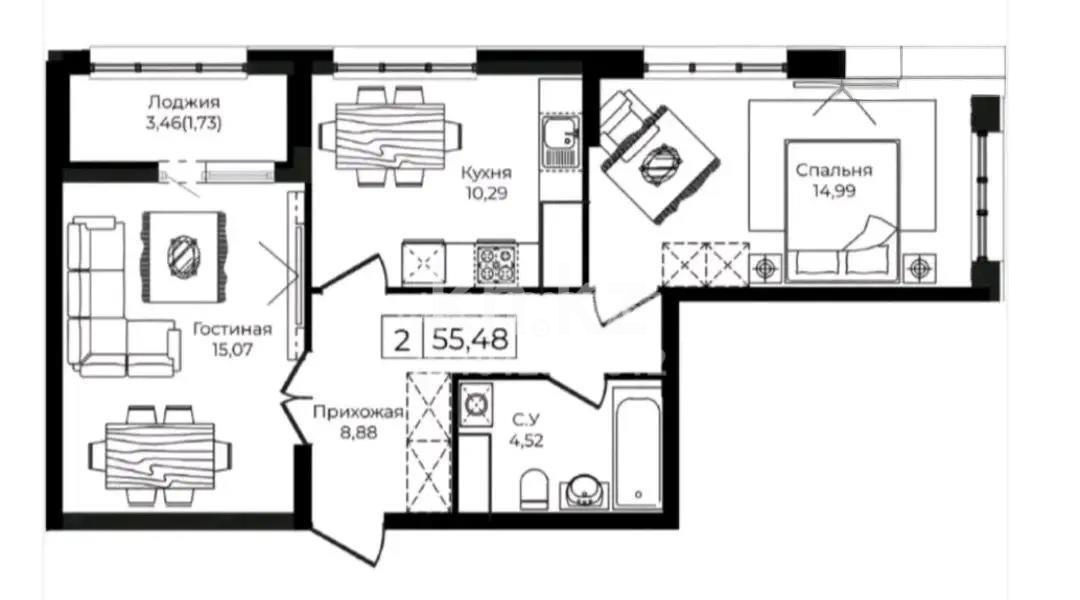 Продажа 2-комнатной квартиры, 55 м² в Астане