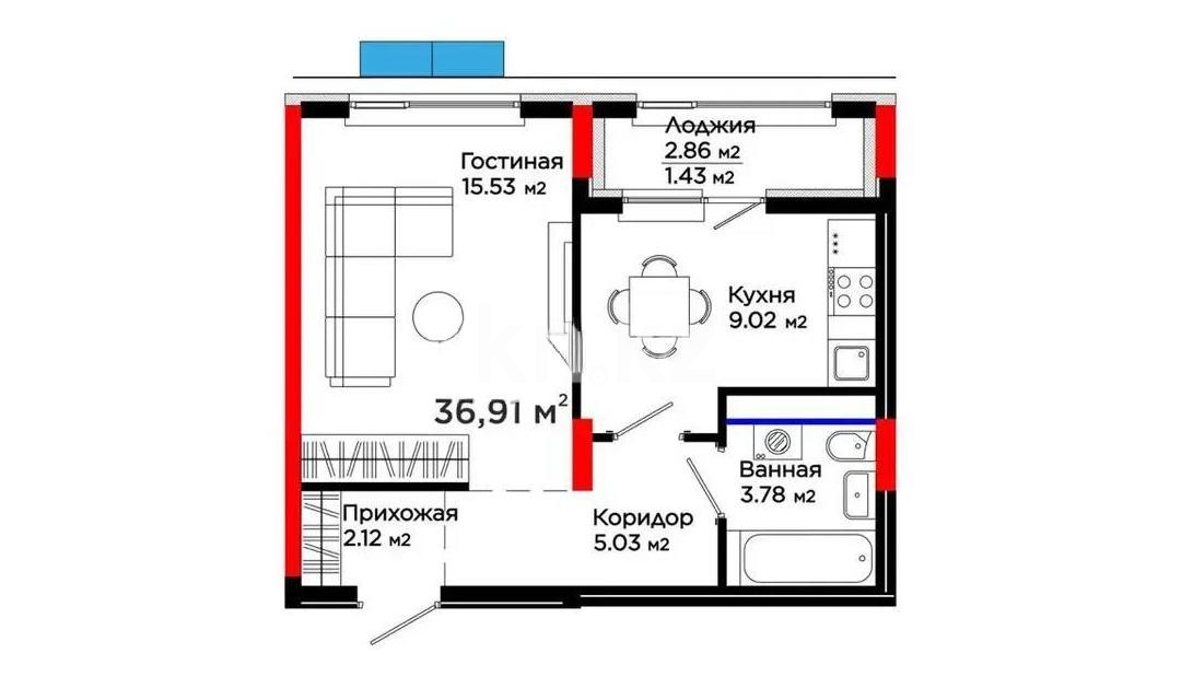 Продажа 1-комнатной квартиры, 36.91 м² в Астане