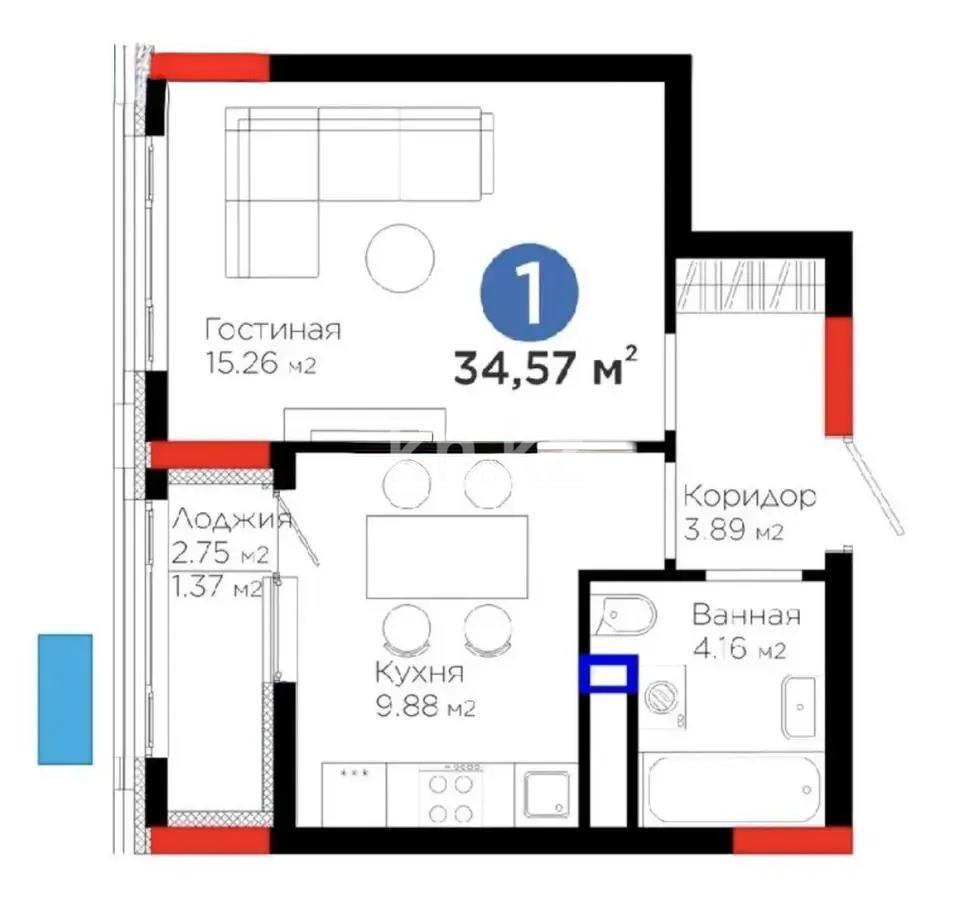 Продажа 1-комнатной квартиры, 34.57 м² в Астане