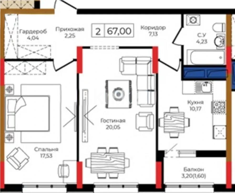 Продажа 2-комнатной квартиры, 67.7 м², ул. Анет баба, дом  4 в Астане