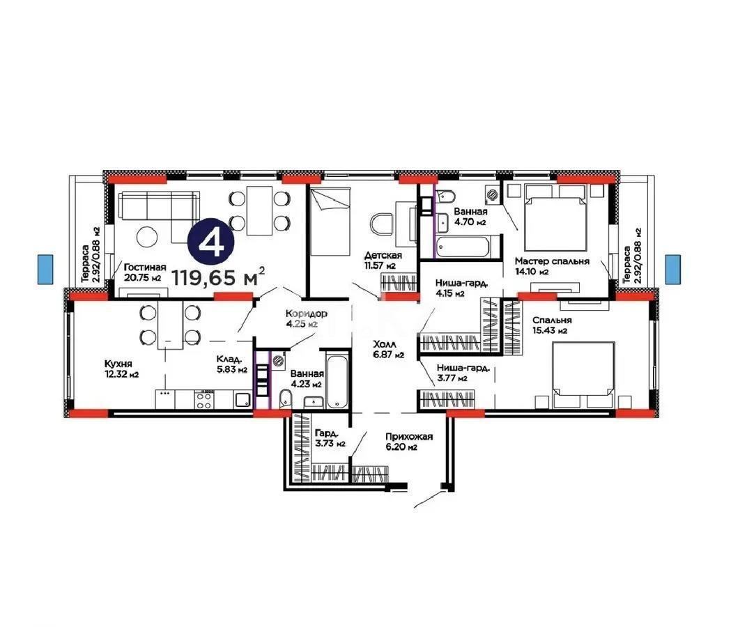 Продажа 4-комнатной квартиры, 119.65 м², ул. Бухар жырау, дом  31/1 в Астане