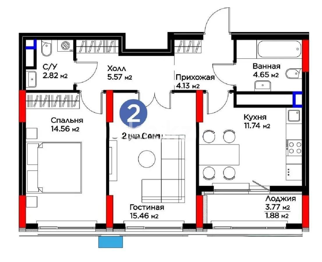 Продажа 2-комнатной квартиры, 60.82 м² в Астане