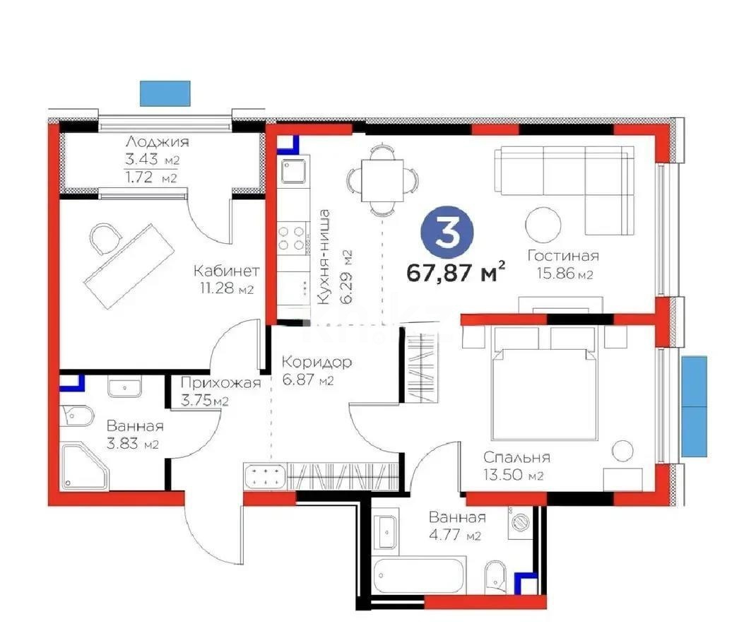 Продажа 3-комнатной квартиры, 68 м² в Алматы - фото 7