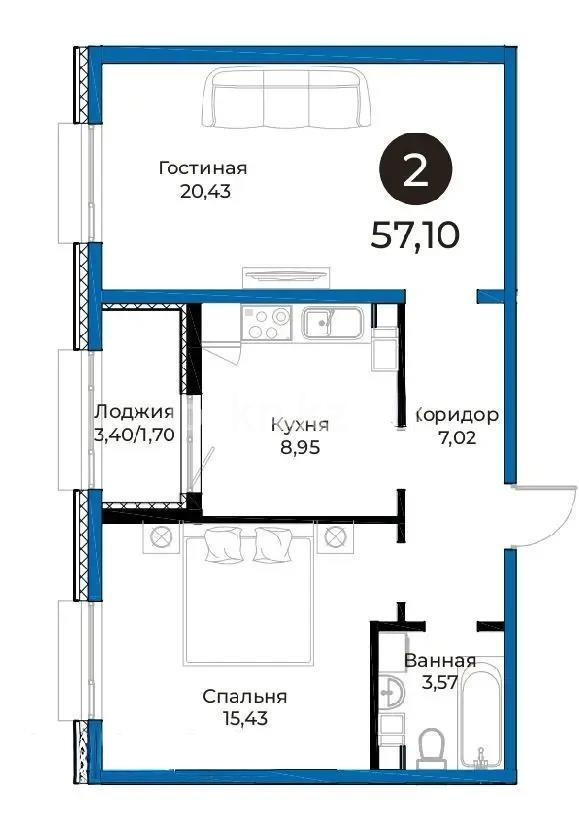 Продажа 2-комнатной квартиры, 57.1 м² в Астане