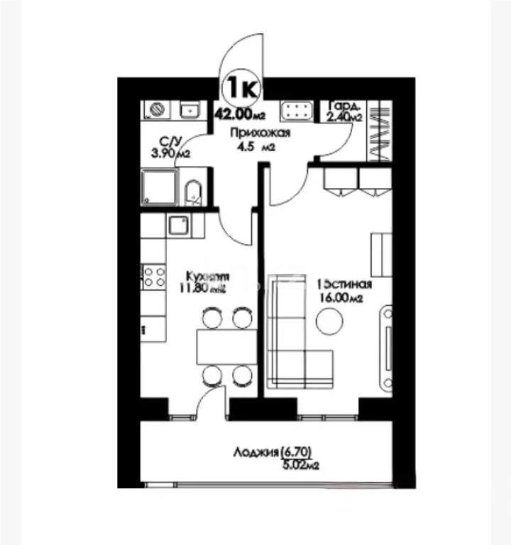 Продажа 1-комнатной квартиры, 41.2 м² в Астане