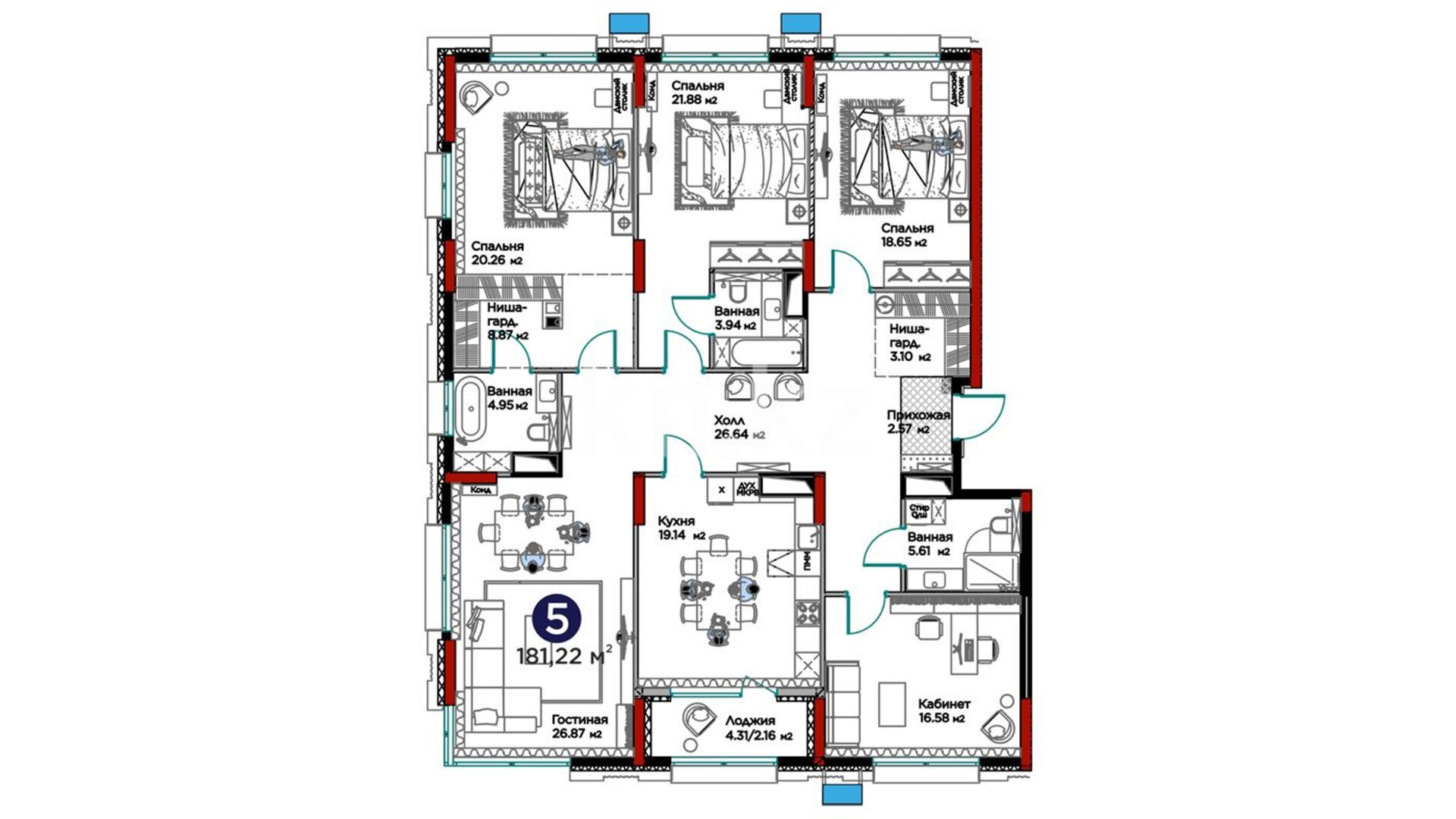 ЖК GreenLine.Tiara, 5-комнатная, цена 177 233 160 ₸, 978 000 ₸&nbsp;/&nbsp;м²