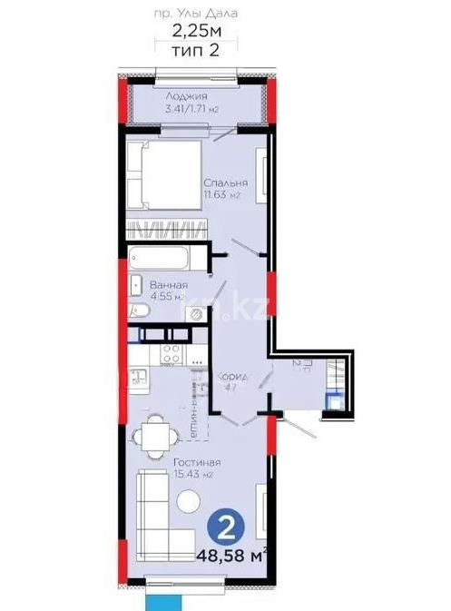 Продажа 2-комнатной квартиры, 48.58 м² в Астане