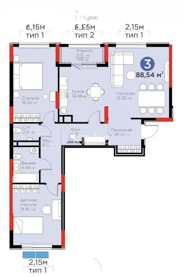 Продажа 3-комнатной квартиры, 88 м² в Астане