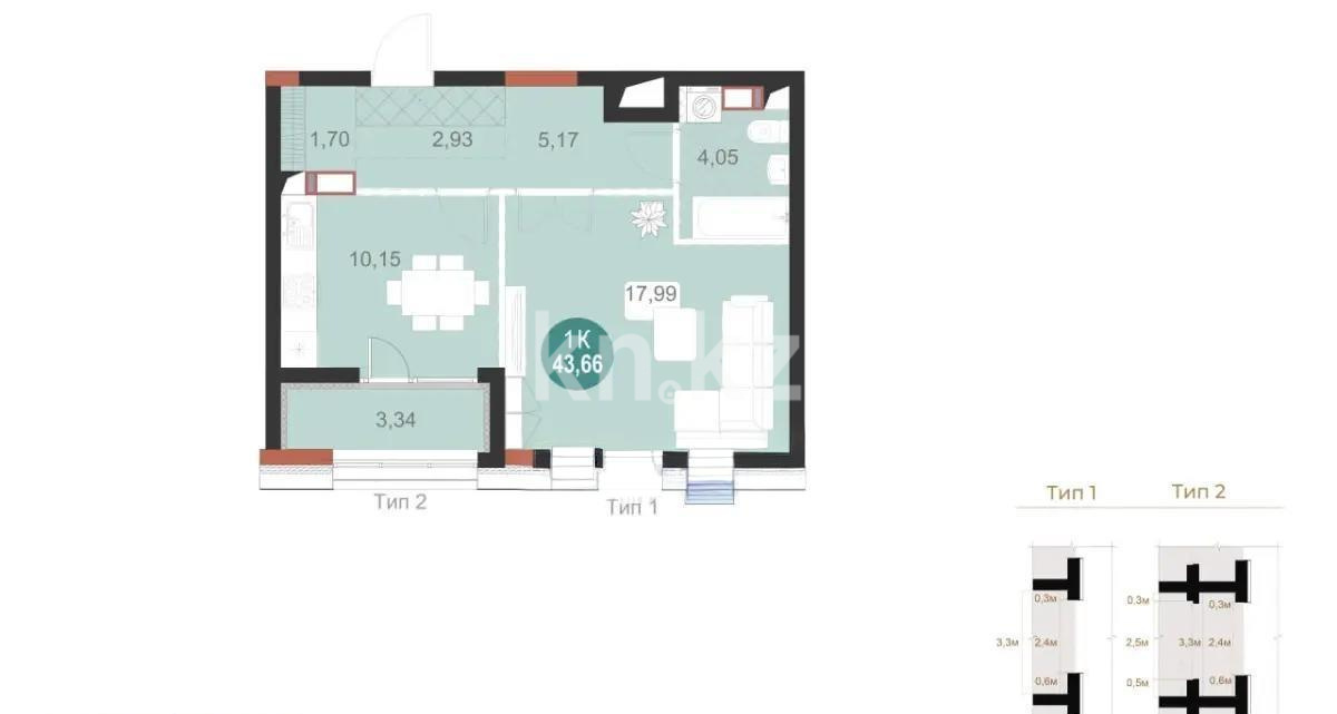 Продажа 1-комнатной квартиры, 43.66 м² в Астане