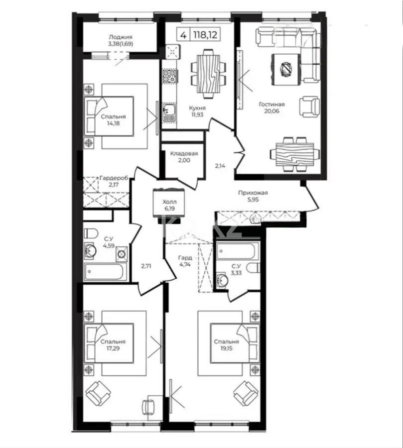 Продажа 4-комнатной квартиры, 118.12 м² в Астане