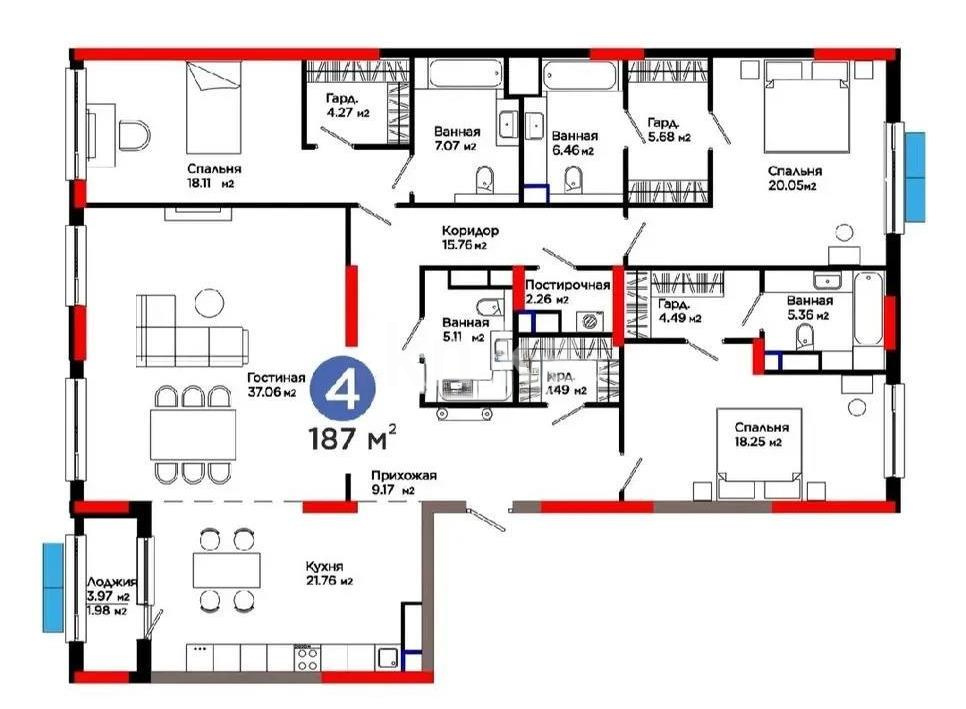 Продажа 4-комнатной квартиры, 186.7 м² в Астане