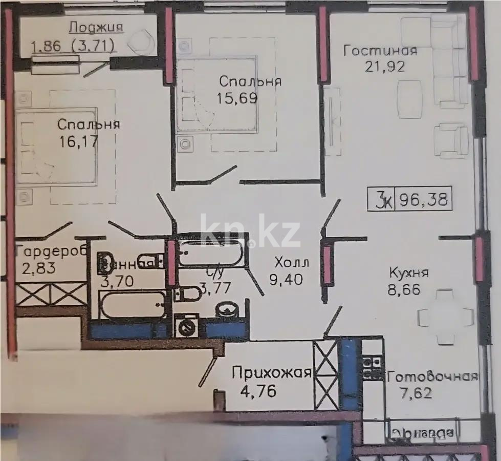 Продажа 3-комнатной квартиры, 96.38 м² в Астане