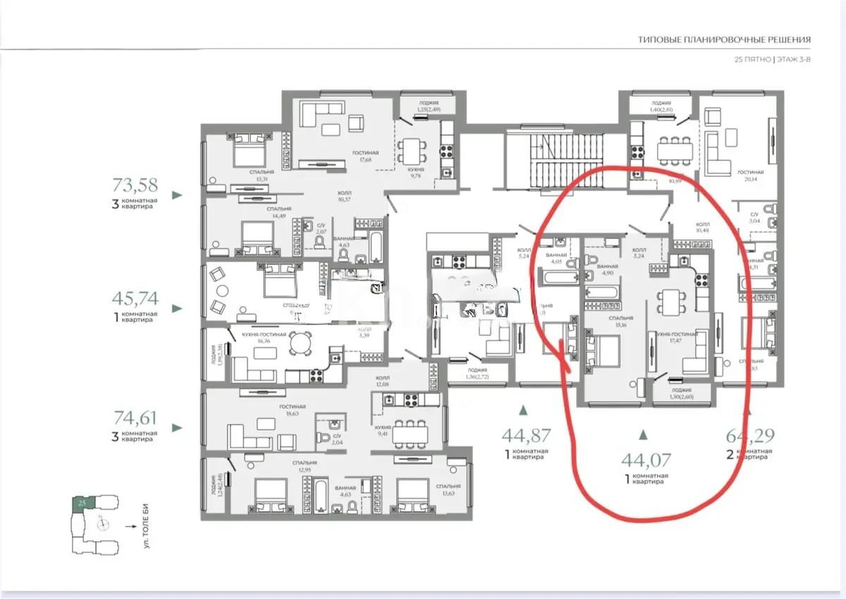 Продажа 1-комнатной квартиры, 44.07 м² в Астане
