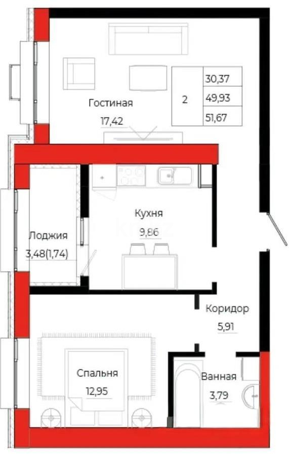 Продажа 2-комнатной квартиры, 52 м² в Астане