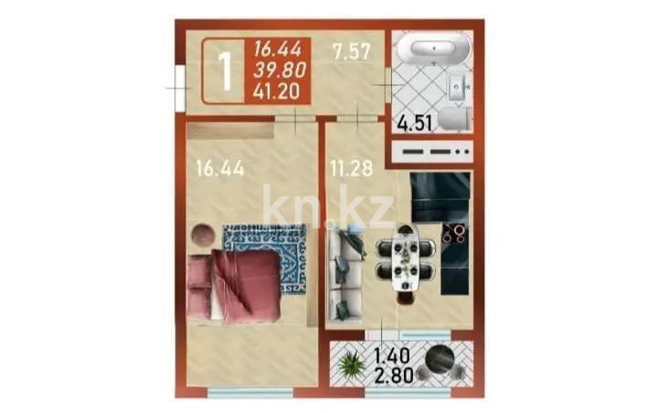 Продажа 1-комнатной квартиры, 41.2 м² в Астане
