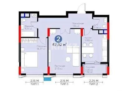 Продажа 2-комнатной квартиры, 68 м², ул. Рыскулова, дом  18 в Астане