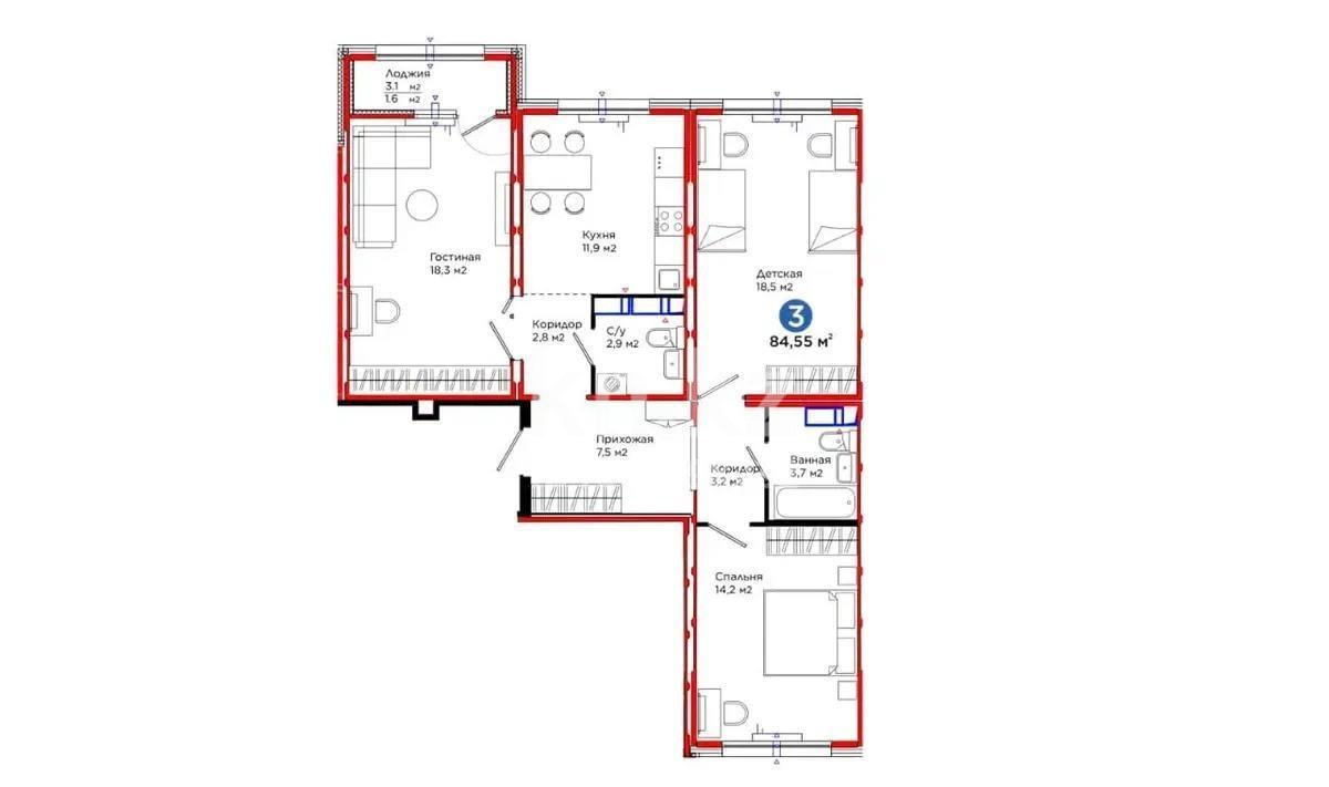 Продажа 3-комнатной квартиры, 84.55 м² в Астане