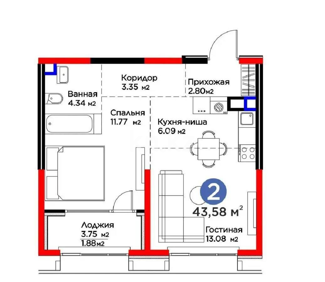 Продажа 2-комнатной квартиры, 43.58 м² в Алматы