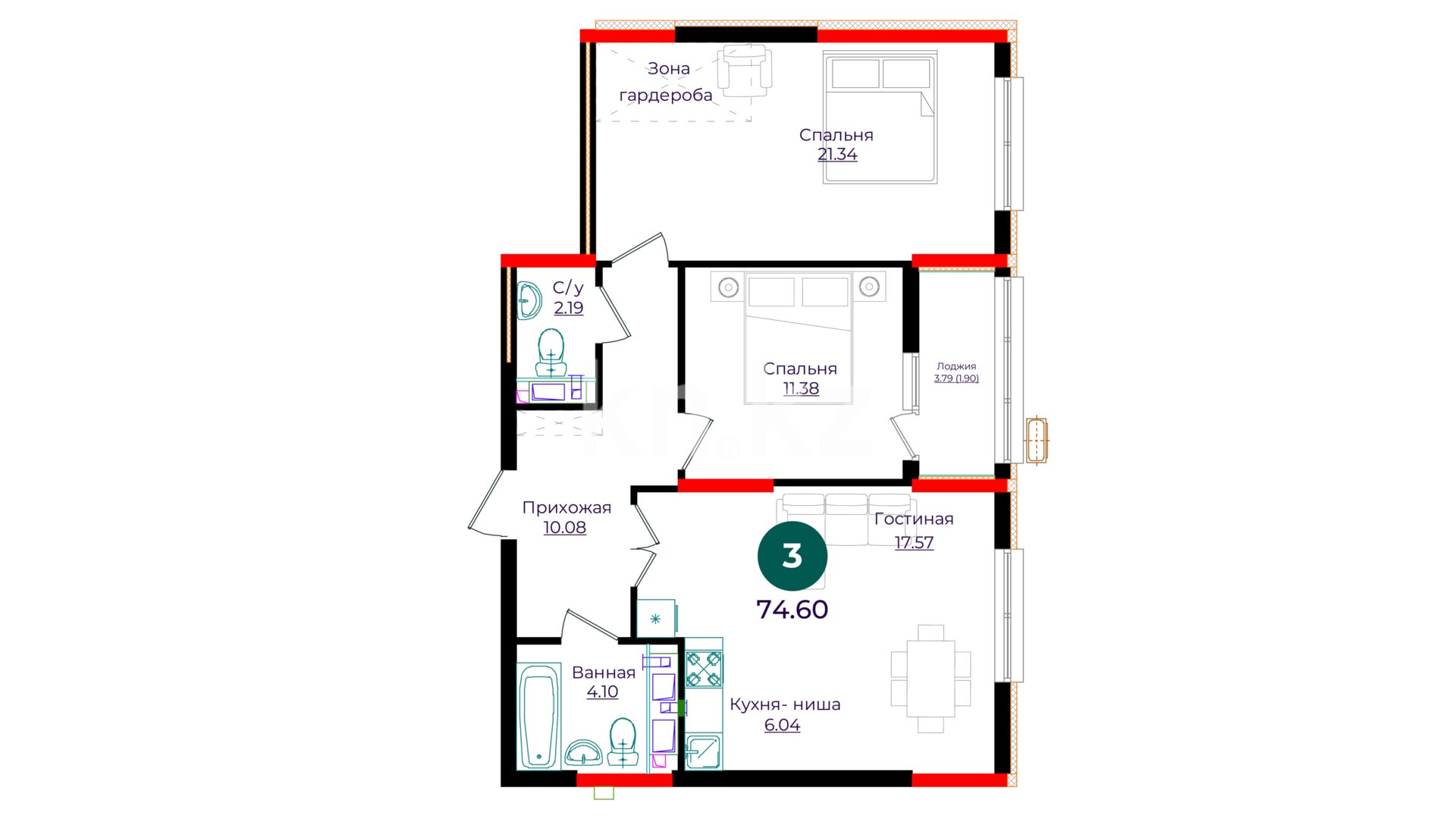 ЖК Abay Joly Avenue, 3-комнатная, цена 32 301 800 ₸, 433 000 ₸&nbsp;/&nbsp;м²