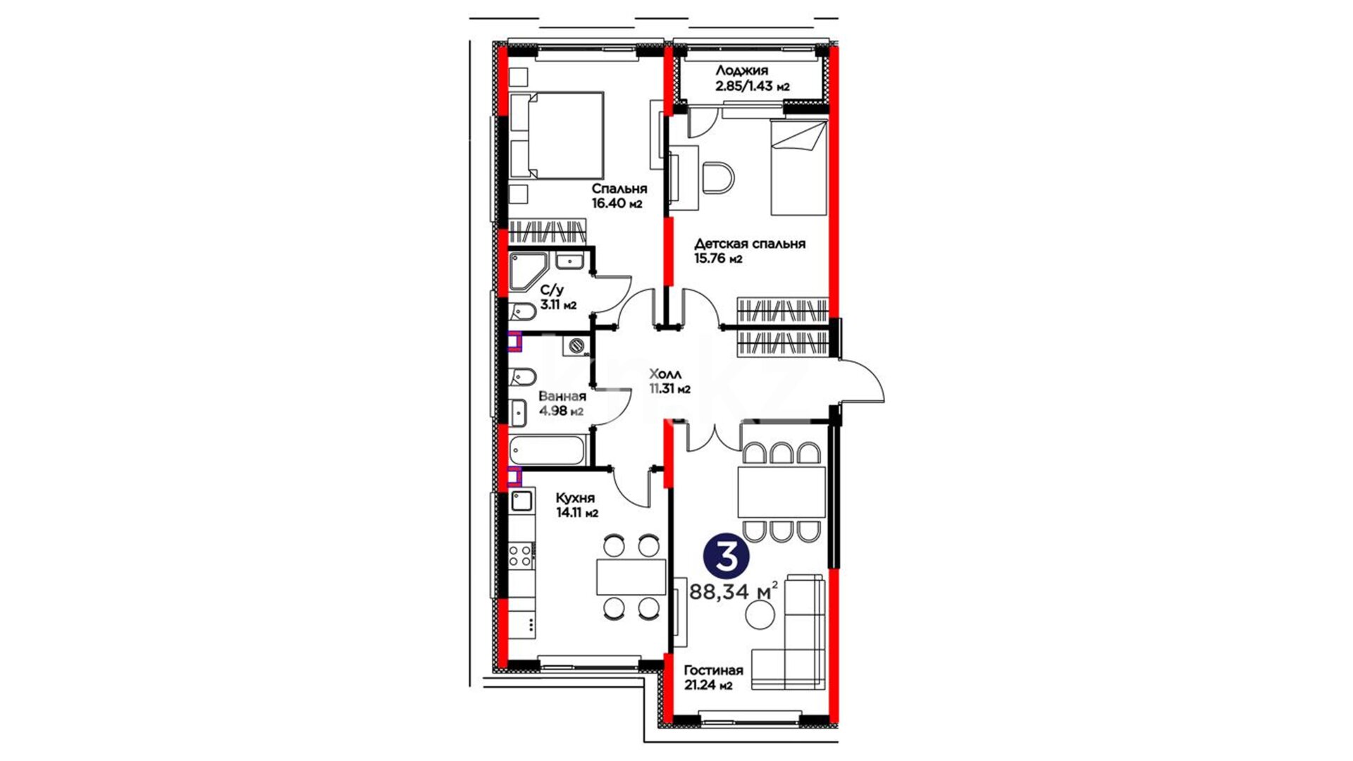 ЖК UIA. BIRLIK, 3-комнатная, цена 58 167 430 ₸, 658 450 ₸&nbsp;/&nbsp;м²