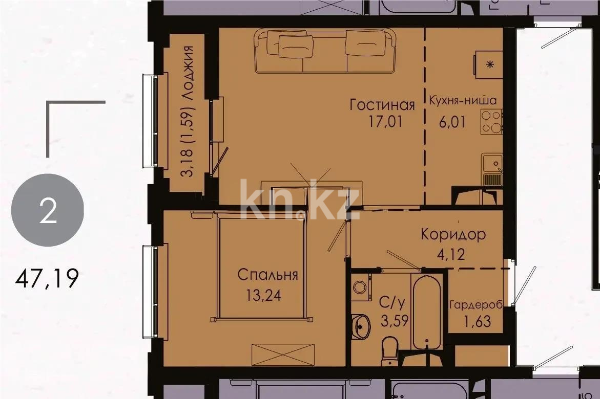 Продажа 2-комнатной квартиры, 47.19 м² в Астане